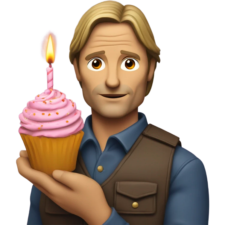 Viggo Mortenson holding a bunch of flowers and a cupcake with a birthday candle in it emoji