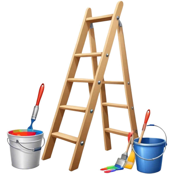 Wall painting icon. An unfinished painting painted on a white wall with no frame, visible paintbrushes, rollers, and a bucket of paint, wooden ladder beside, minimalistic style, clean lines, transparent background. emoji