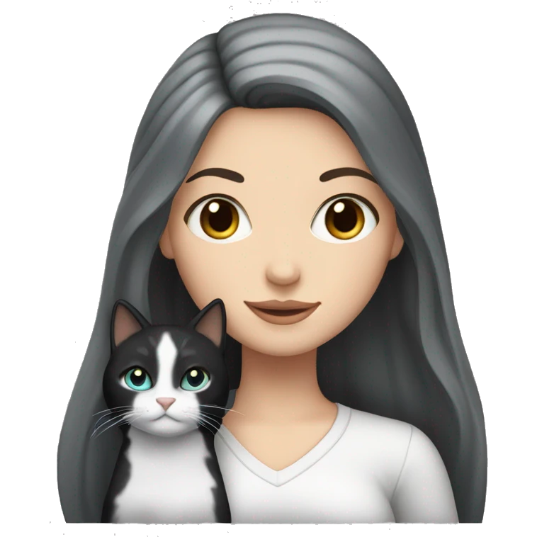 White girl with long black hair and black eyes holding a grey cat emoji
