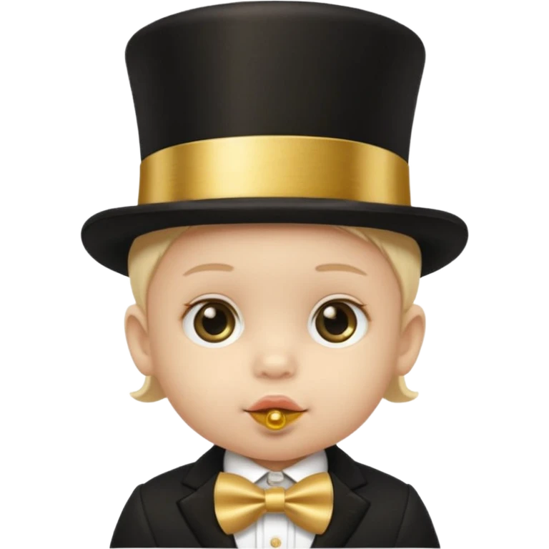 a baby's face in a black top hat with a gold stripe and a gold pacifier emoji