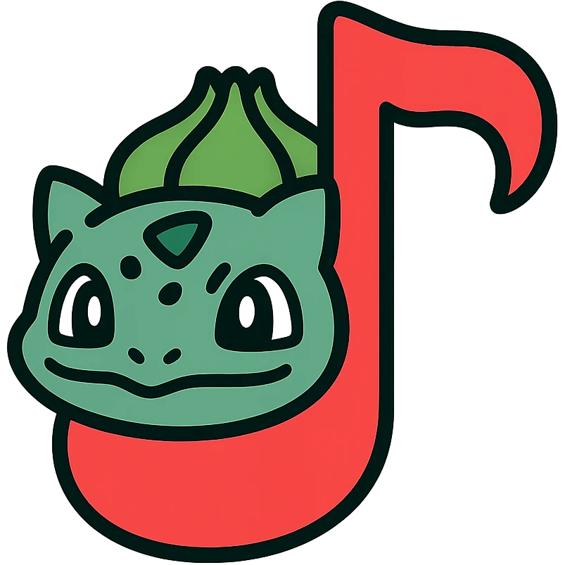 Bulbasaur inspired red music note app icon, simple modern style, red color, music note with Bulbasaur features, app icon style emoji