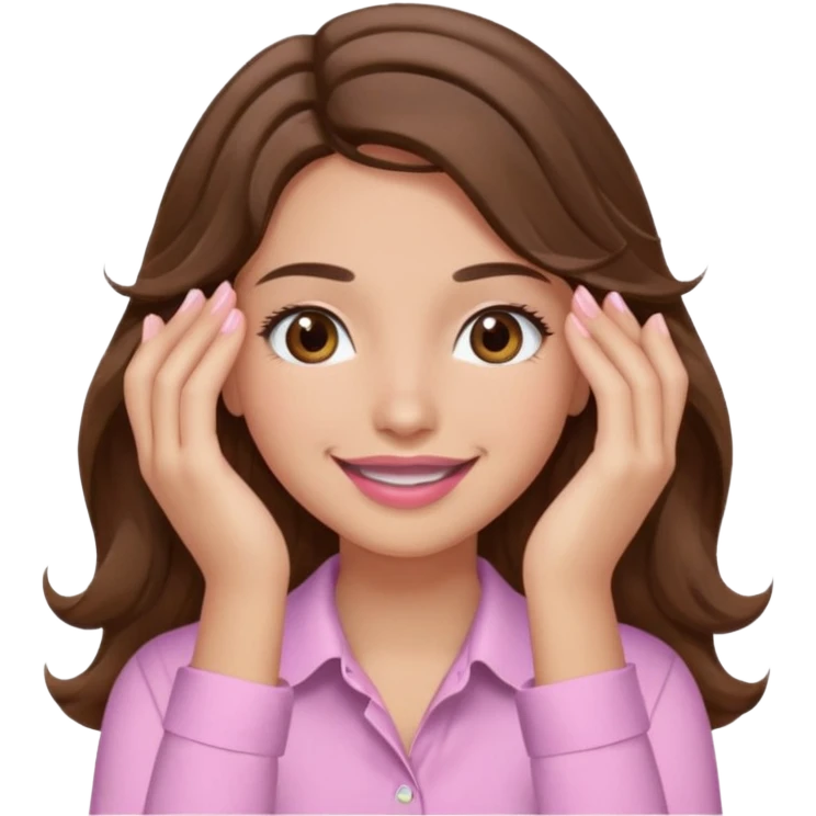 girl with wavy long brown hair, brown eyes, light to medium complexion, long lashes, light pink lipstick, wearing light pink shirt, smiling, hands covering both eyes emoji