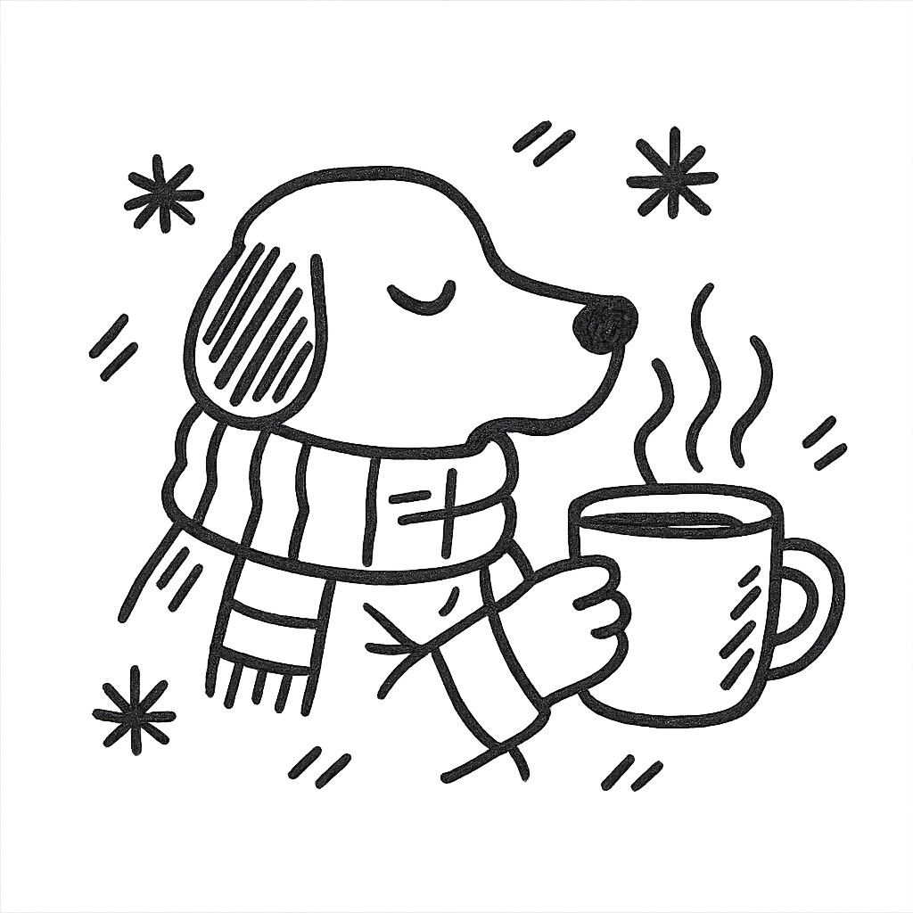 A dog drinking a cup of coffee, outside is cold emoji