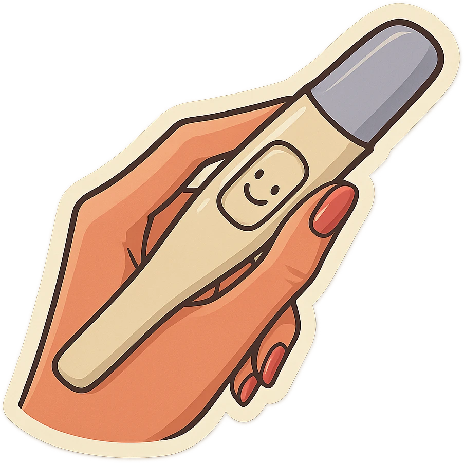 A pregnancy test held in a neat feminine hand with manicure and a smile on the test, in retro stickers style, featuring soft rounded shapes, expressive contours, vintage color palette, light paper texture, shadows and highlights, transparent background. emoji