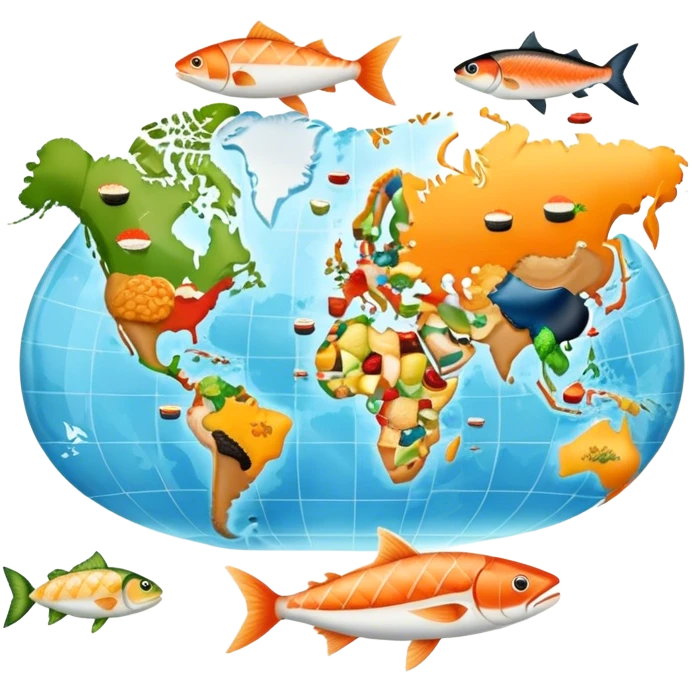 Icon for Culinary Tourism: a world map where the continents are made of various foods, like Fish - North America, sushi - Eurasia, tacos for South America, etc. The icon should represent global culinary exploration and travel. Transparent background. emoji
