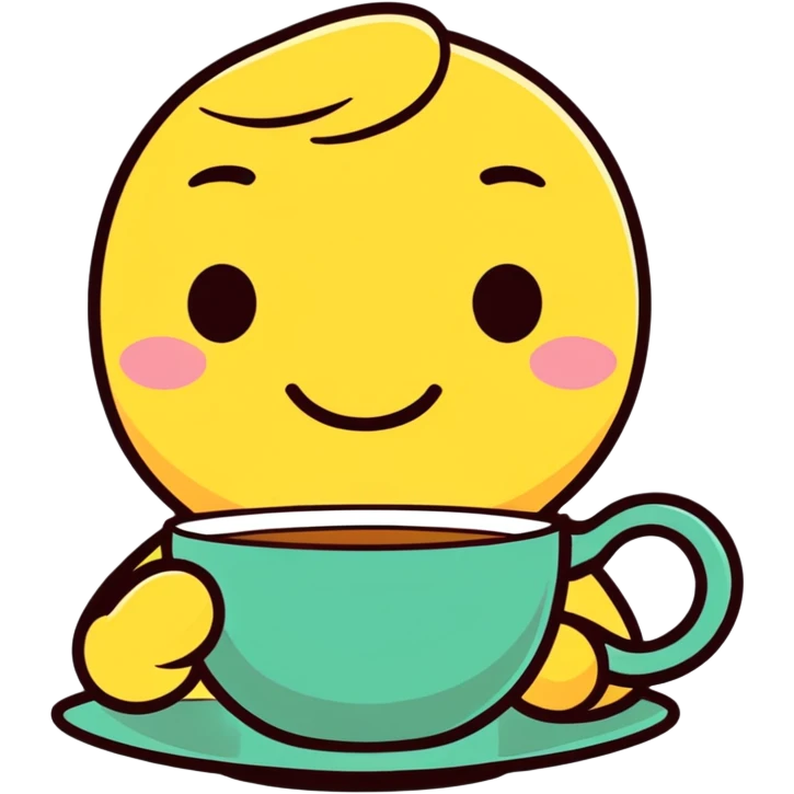 cartoon style emoji of a smiling face sipping tea from a cup emoji
