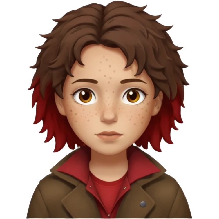 Hobo tomboy with light skin, freckles, dark brown shoulder-length hair in a messy style, brown eyes, dark brown coat, dull red shirt. emoji