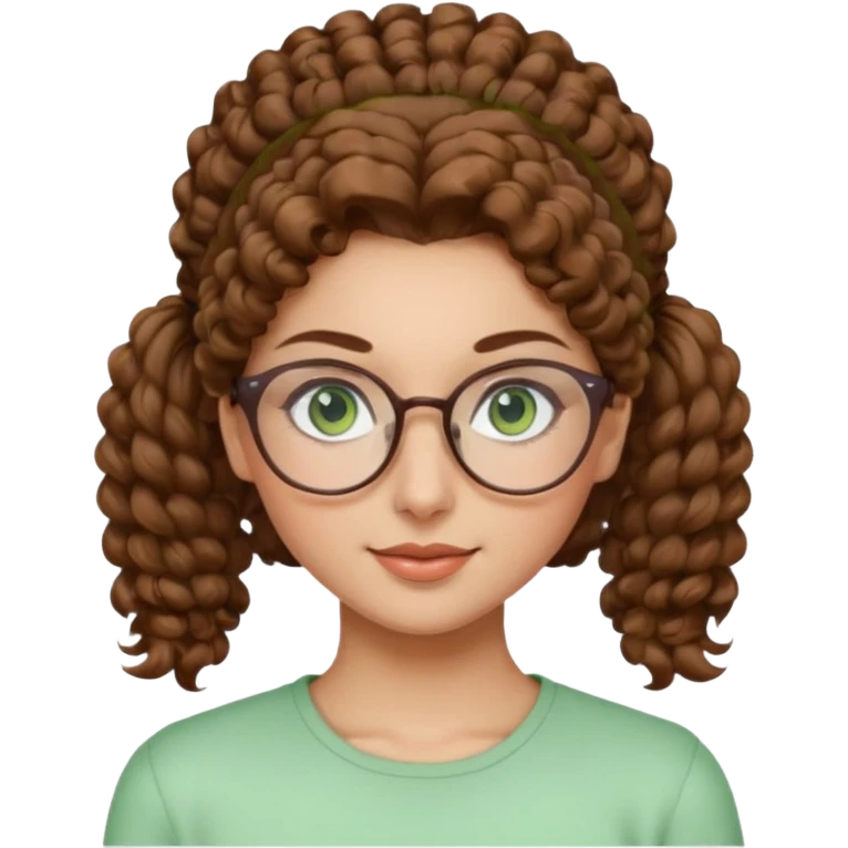 iranian woman, tight curly light brown hair in pony tail, glasses, green eyes, pretty, oval shape face emoji