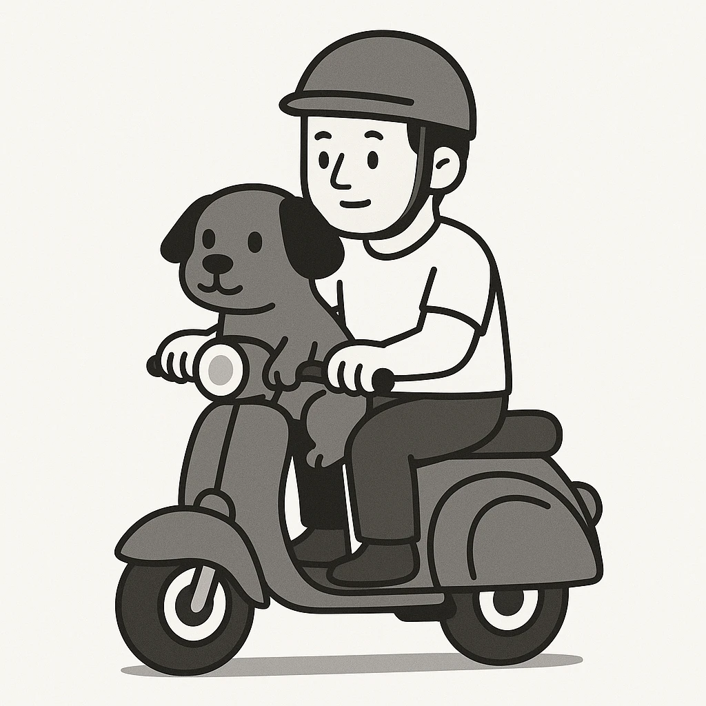 man and his pet dog riding a vespa emoji