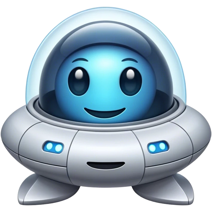 Design a simple, friendly spaceship with a smooth, rounded shape. Add a clear 'face' on the front using glowing lights for eyes and a curved line for a smile, giving it personality. Use a plain background to keep the focus on the ship emoji