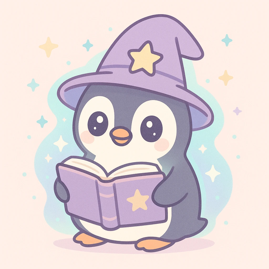 adorable penguin wizard reading a spellbook with a magical aura, cute style emoji