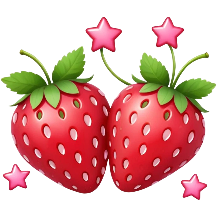 Two strawberries with a pink bow on the stem, with a pink background and white stars emoji