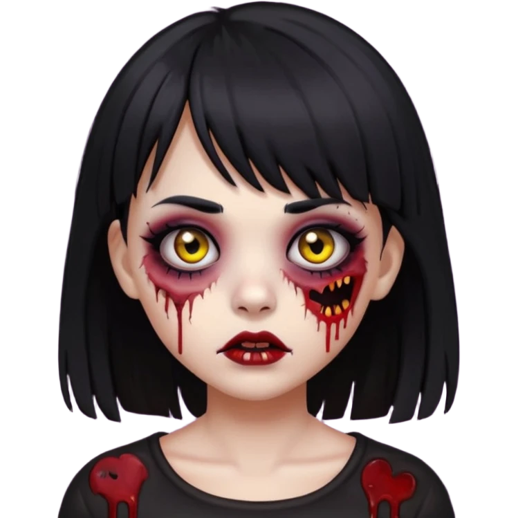 garota zumbi com franja, cabelo preto, maquiagem escura, aparência misteriosa, estilo emoji de iPhone emoji