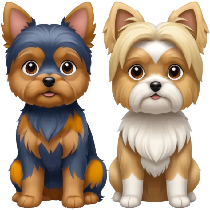 Generate a blue and tan purebred yorkie with a blonde shi tzu yorkie mix with floppy ears sitting next to each other. Make them the same size emoji