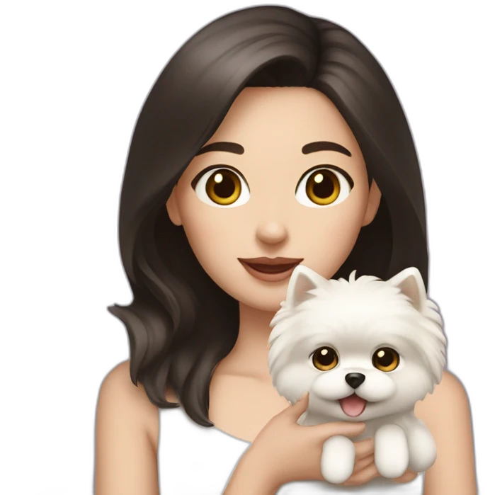 Girl with dark hair white skin holding cream Pomeranian  emoji