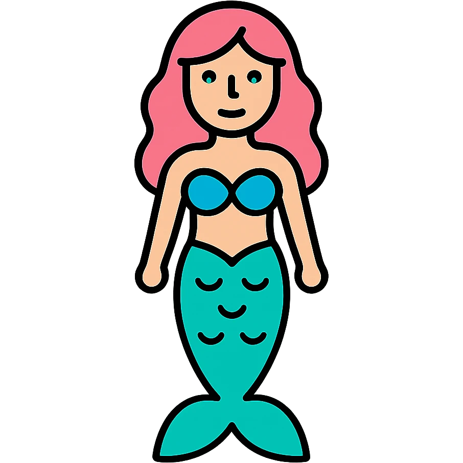 full length mermaid with pink hair, blue eyes, turquoise green tail, minimal detail, lineal color icon style emoji