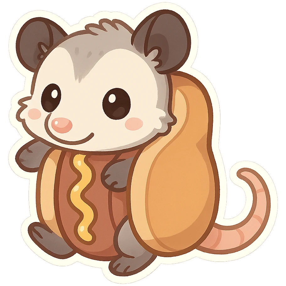 cute cartoon possum dressed up like a hot dog, sticker style, transparent background emoji