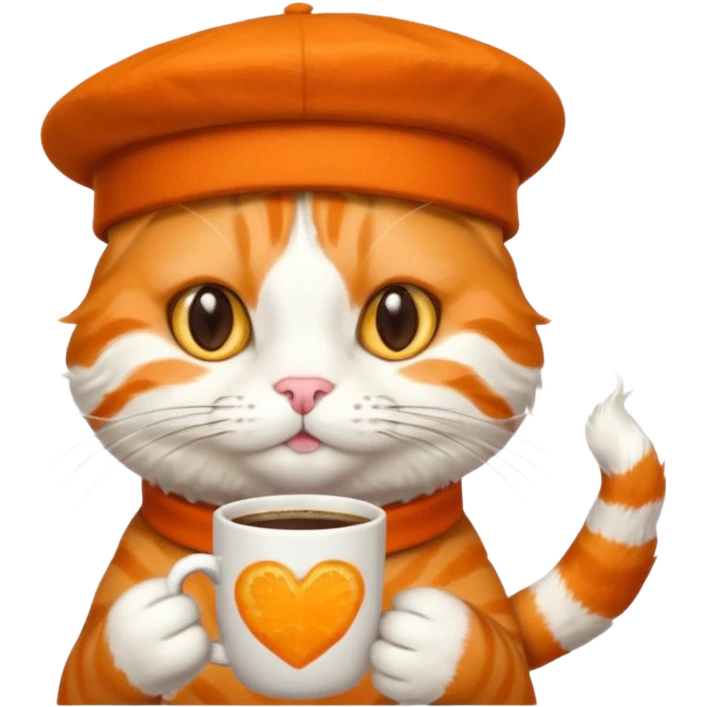 Orange cat, wear beret hat, holding coffee mug emoji