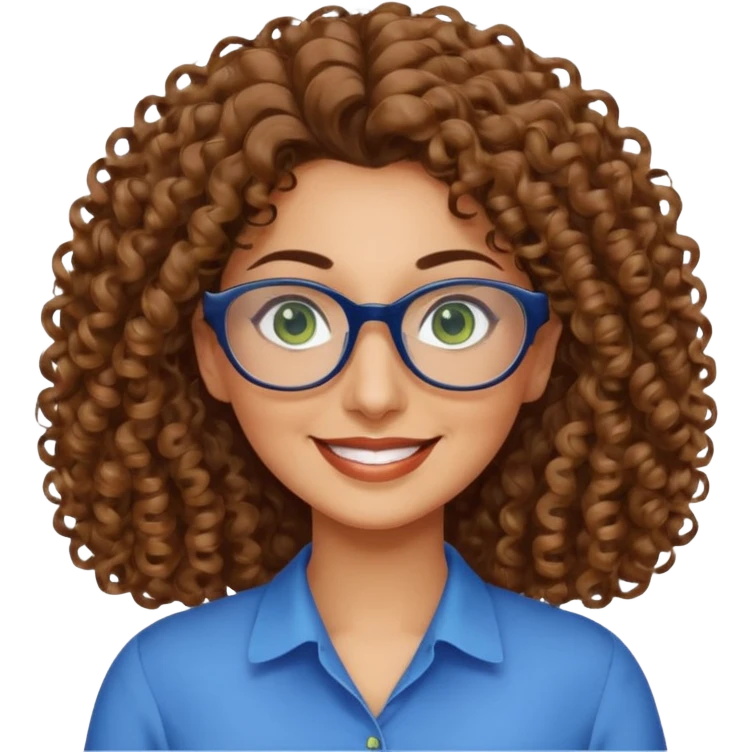 40 yr old Iranian woman, light brown very curly thick hair, shoulder length hair, green eyes, tan skin, big smile, big glasses, with pretty blue blouse emoji
