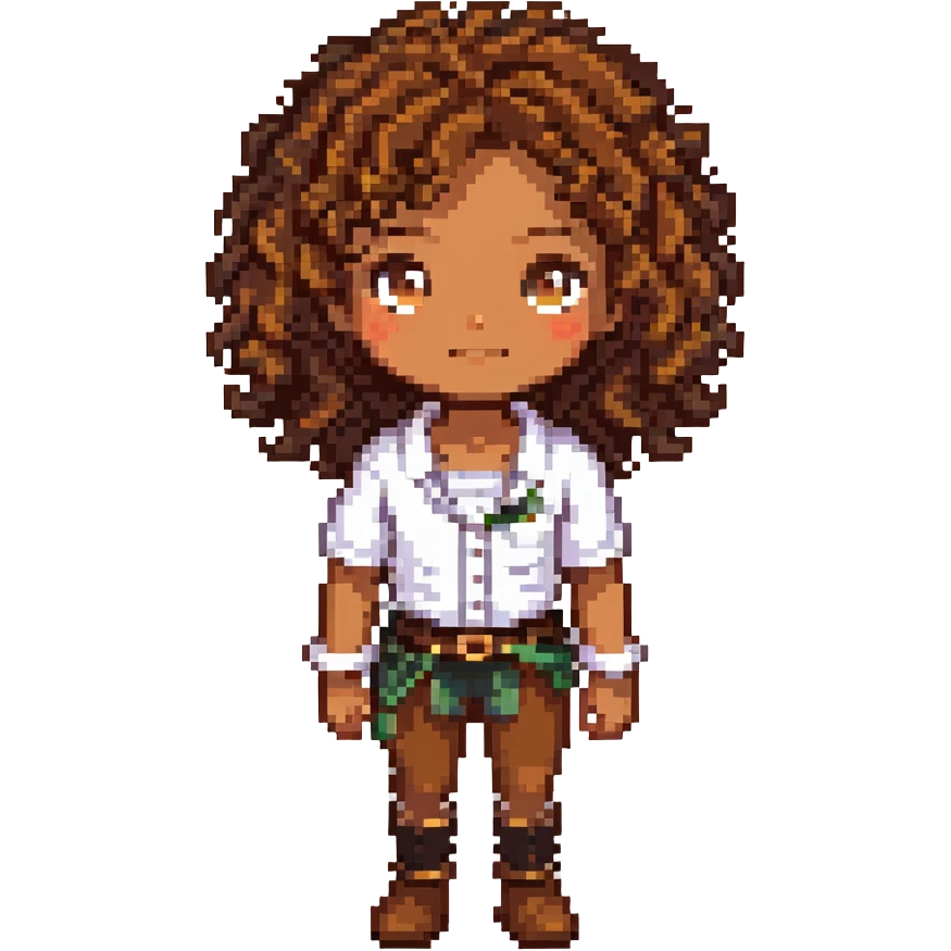 character with curly brown hair, brown eyes, brown skin emoji