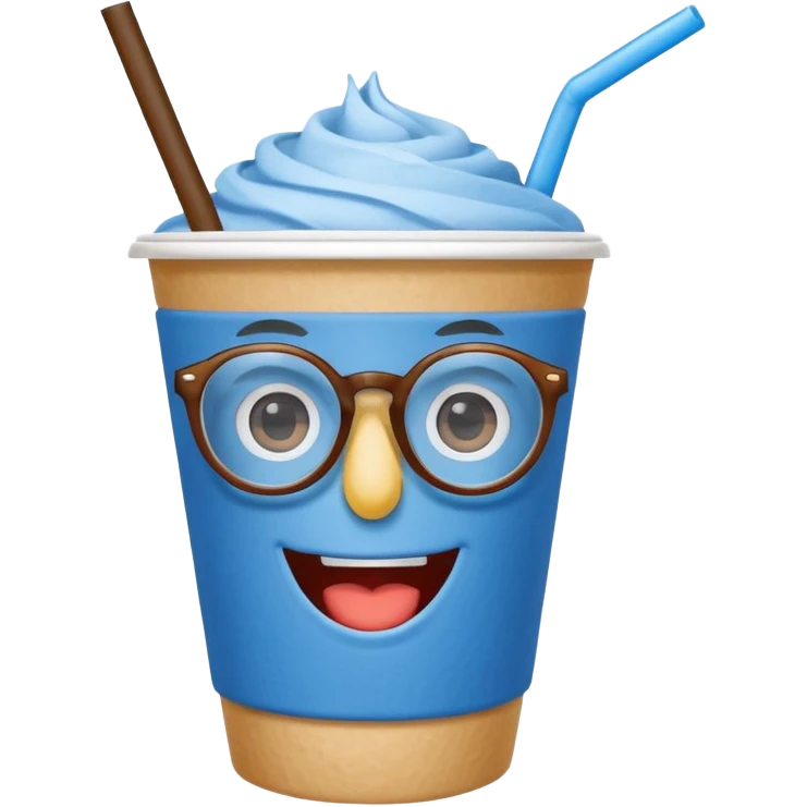 drink in a paper cup and straw, the cup has eyes and mouth and glassess emoji