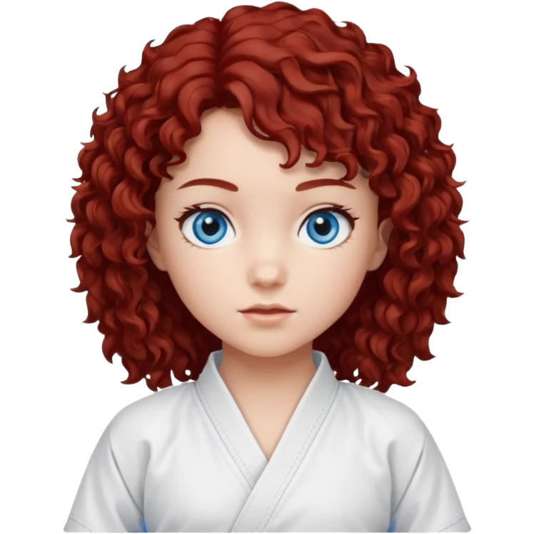 generate a young girl with dark red curly hair, blue eyes. in a white karate outfit  emoji
