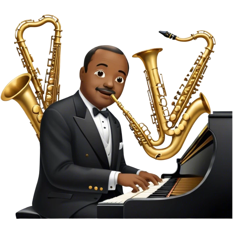 Icon for Jazz Music: Count Basie Orchestra, with Count Basie at the piano surrounded by jazz musicians playing instruments like saxophones, trumpets, and drums. Floating musical notes should capture the energetic and smooth vibe of big band jazz. Transparent background. emoji