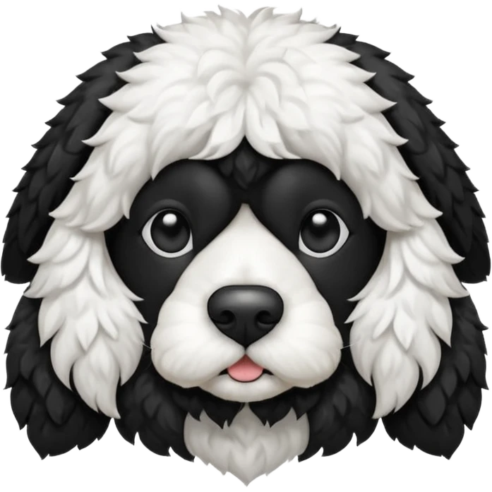 black and white cockapoo - give him a white chest, black ears and black fur covering his eyes, but then a white snout and an upside down white triangle-shaped patch of fur on his forehead emoji