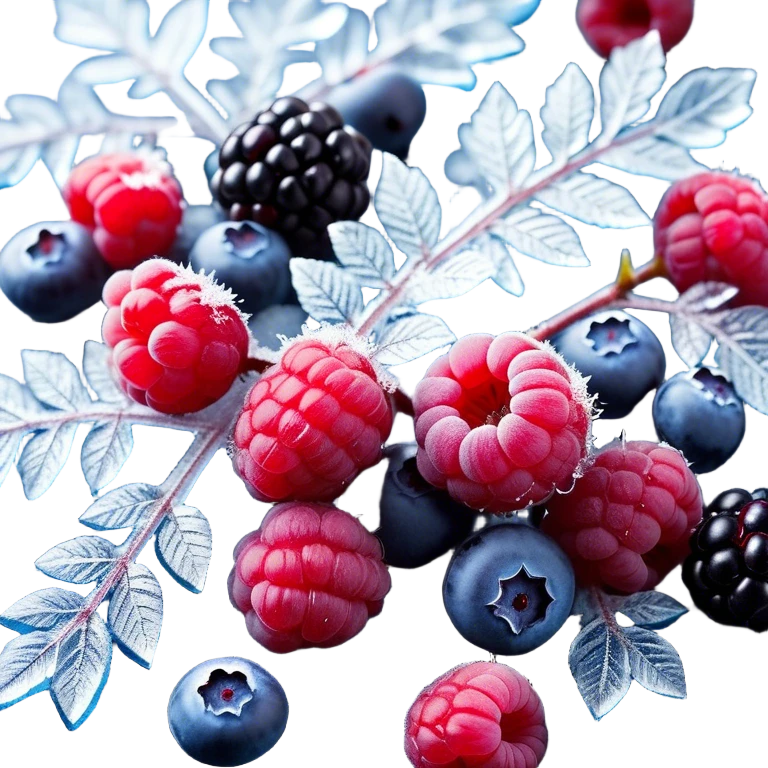 “A visually stunning composition of frozen forest berries, including blueberries, raspberries, and blackberries, covered in frosty ice crystals. The berries are fresh and vibrant, with deep reds, purples, and blues. The ice has a translucent, glossy texture, reflecting soft light. The background is a dark, blurred, cool-toned surface to emphasize the contrast and freshness. The composition is artistic, with some berries partially submerged in crushed ice. The overall mood is refreshing, cold, and appetizing. emoji