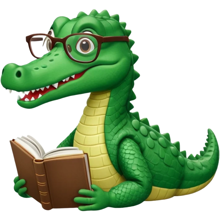 A claymation alligator with a book and glasses. The background is a solid white circle emoji