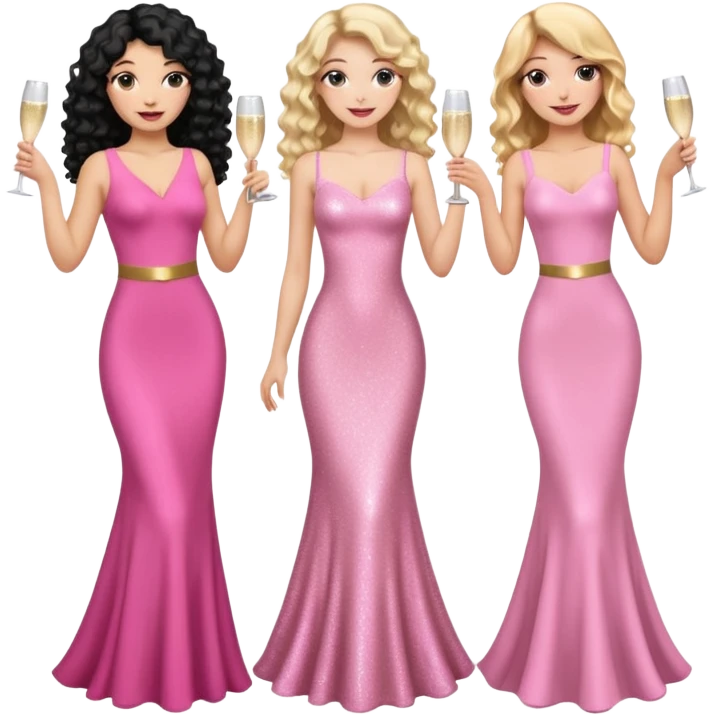 Three woman, one with black curly long hair and pink tight sparkly dress, the other with brown straight long hair and with pink tight sparkly dress and the last one with long blonde wavy hair and with pink tight sparkly dress celebrating with pink champagne emoji
