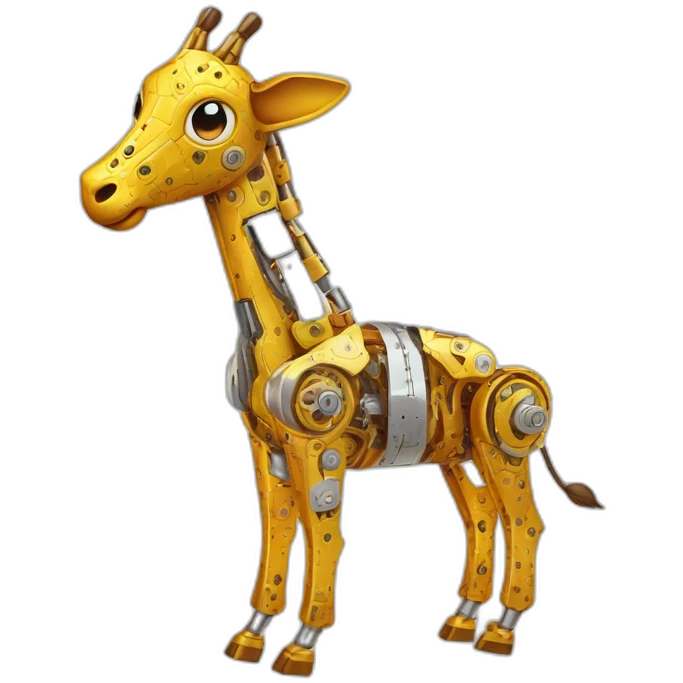 Una girafa robotica con patrones de circuitos brillantes en su piel, piernas con juntas móviles y piezas de metal relucientes emoji