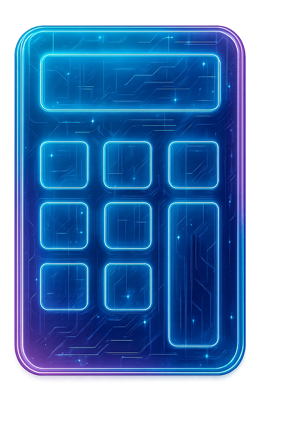 Transform the Windows Calculator icon into a cyberpunk, holographic style with glowing neon blue and pink edges, circuit patterns throughout the entire icon, and a transparent background. Maintain the recognizable calculator shape and buttons, overlaying neon and circuit effects in a consistent futuristic, clean cyberpunk glow style with intricate circuit details. emoji
