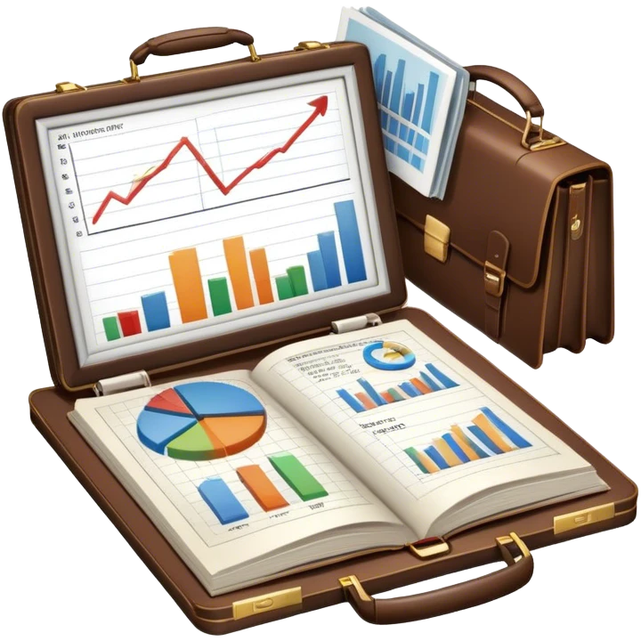 Icon for Business Reading: an open book with a graph and financial charts, a briefcase, a calculator, and a laptop nearby. The icon should represent the world of business, finance, and professional growth. Transparent background. emoji