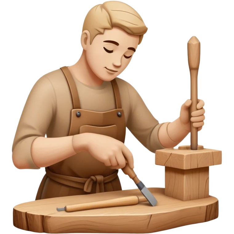 Wood sculptor icon, master carving a wooden sculpture, chisel and mallet in hand, carved wooden figure in progress, natural wood texture, minimalistic style, clean lines, transparent background. emoji