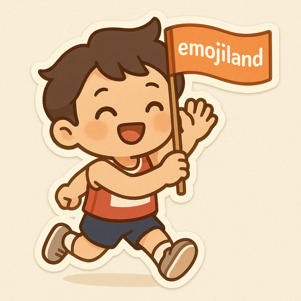 happy runner waving a flag that says 'emojiland' emoji