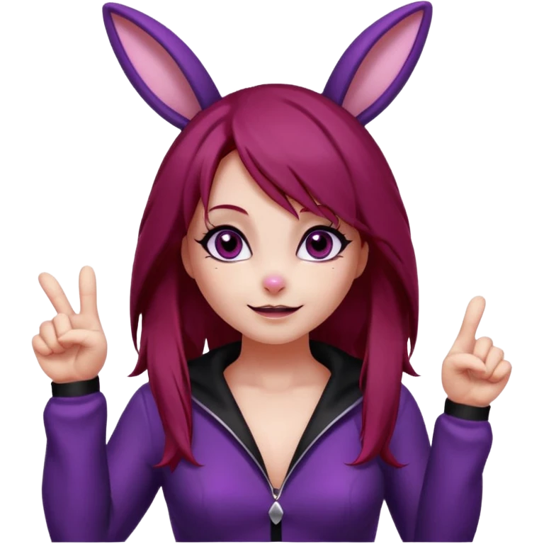 Bunny girl, with dark red crimson hair color, and black bunny ears. Deep purple eyes. Wears a classic bunny suit. List of expressions:
Disappointed expression
Thumbs up with a happy face
Happy face with sparkly eyes
Surprised face like " O_O "
silly and cute dead on the ground with X's on eyes. emoji