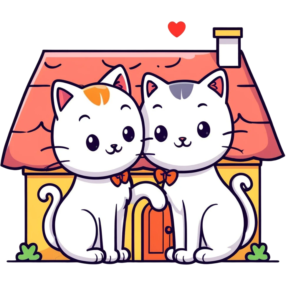 two happy cats in love with a house behind them that has a bow on the roof emoji