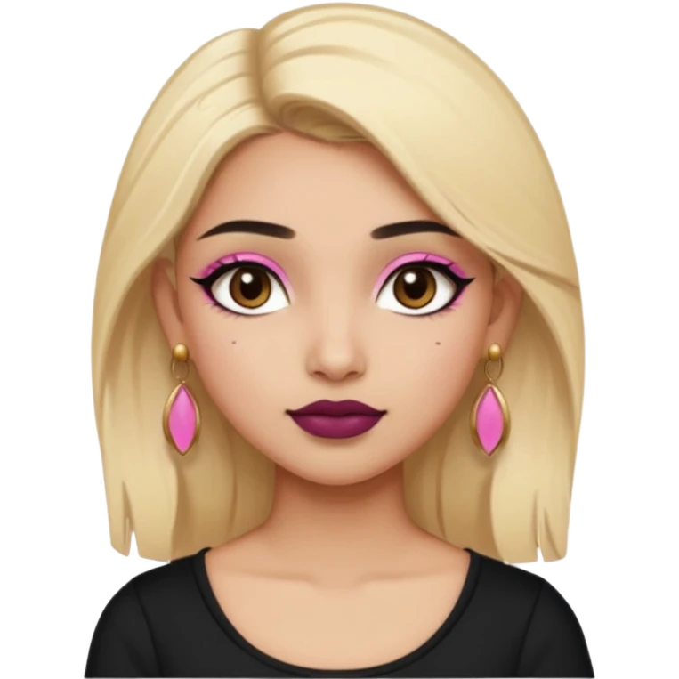 Sweet Indian girl blonde hair darkbrow eyes brown lipstick, pink blush, black top gold earrings, brown eyebrows gold eyeshadow  emoji