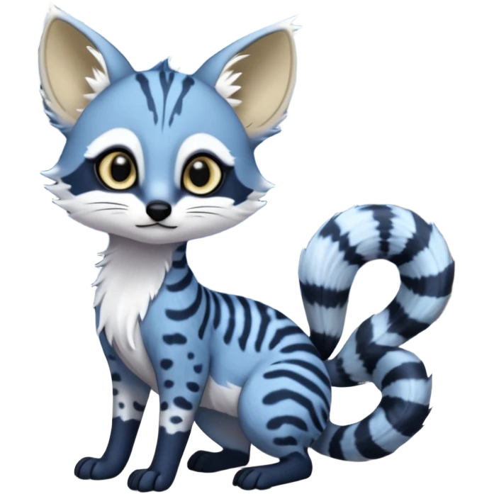 Snowy frosty Snow-lane chibi big-eyed sparkly-eyed animesque derpy cute scary spooky graceful dark-blue-pointed Civet-Genet-Numbat-Ocelot--Ocicat-hybrid-fusion, full body, tufted short tail, long big ears, short muzzle, whiskers, random markings emoji