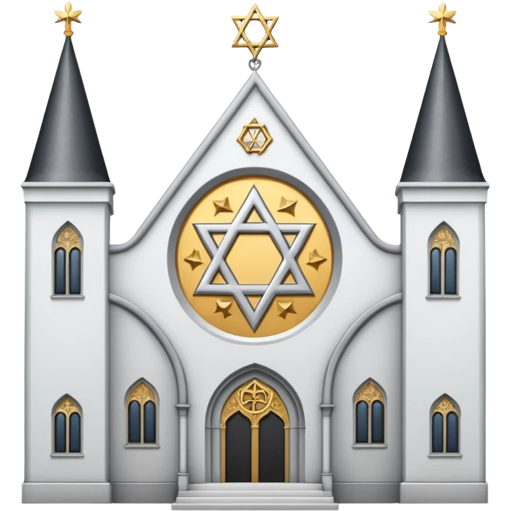 reform jewish synagogue similar in architecture to historical religious architecture in europe. the building should be white with silver/golden features, gothic architectural elements and star of david. no crosses. the emoji should be in ios emoji style. emoji