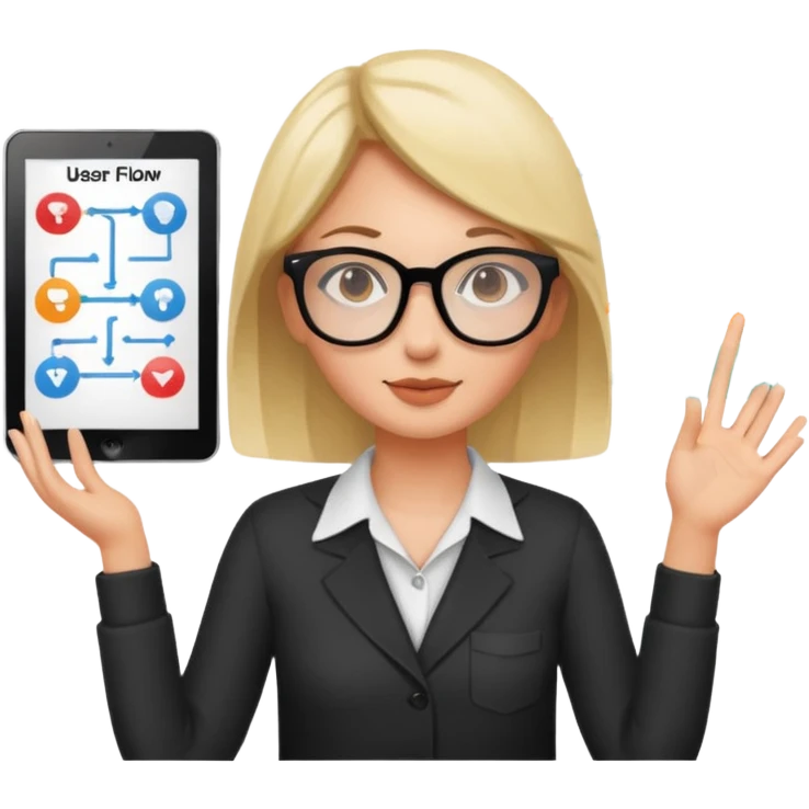 female designer presenting user flow chart emoji