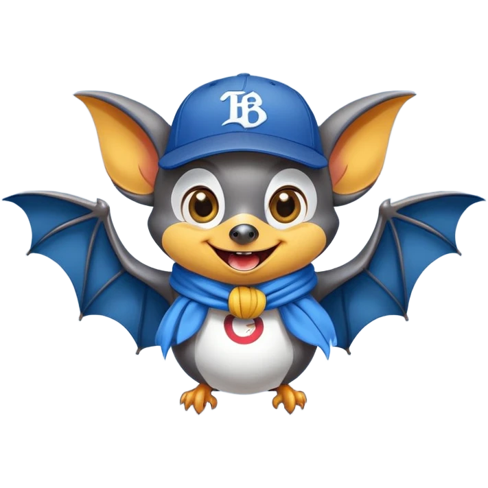 Friendly flying fox bat mascot with cheerful mischievous expression, large spread wings, big expressive eyes with playful glint, smiling mouth showing small fangs, wearing yellow and blue scarf wrapped around neck, blue baseball cap tilted to one side, dark grey body with white highlights, circular composition emoji