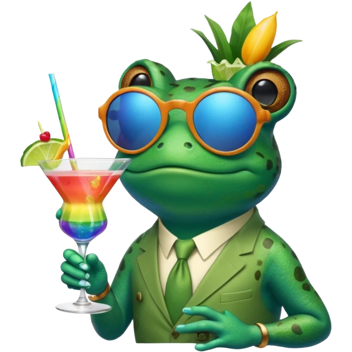 Bufo frog with blue sunglasses, sipping a rainbow cocktail, in bufo style, transparent background emoji