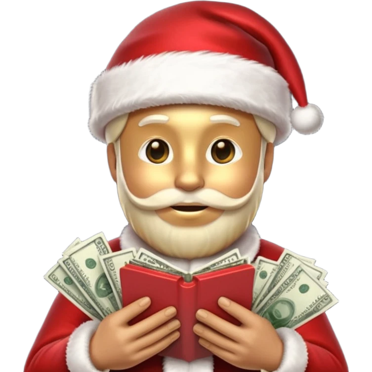 A confident rich emoji face wearing a Santa hat, money stacks, casino vibe, New Year theme, premium 3D emoji style, sharp details, no text, isolated on transparent background emoji