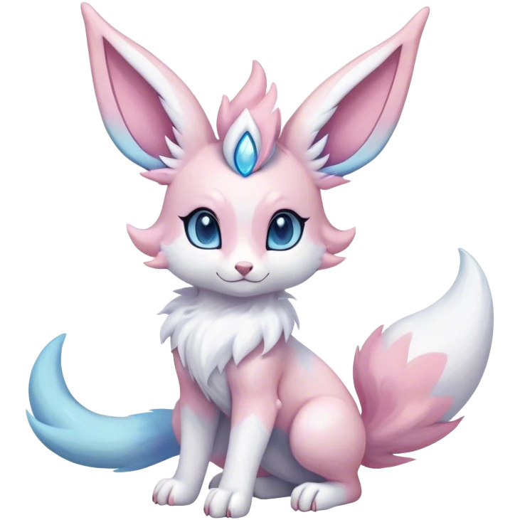 Feral Rare Fantasy cute realistic adorable pastel pink light-blue white iridescent Sylveon-Vernid-Sergal-hybrid by LiLaiRa, markings, tufted ears, full body emoji