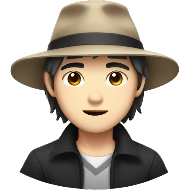 asian anime gentle man with brown hair and black hat trending style emoji
