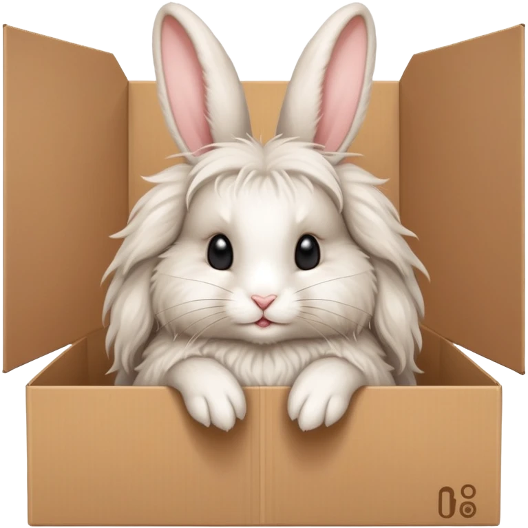  A very cute young Angora long haired rabbit  with one's head tilted to one side poked its paws out of the cardboard big box and placed them on top of it emoji