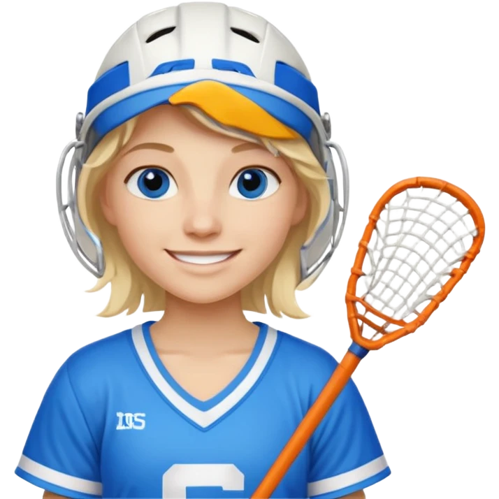 Blonde white with blue eyes lacrosse player holding one lacrosse stick wearing blue and white gear  emoji