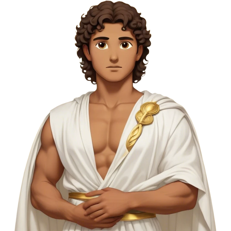 Cinematic Realistic Hercules Portrait, depicted as a classical Greek hero inspired by the Disney version yet echoing the refined proportions and serene dignity of Michelangelo's David. His idealized, sun-kissed tan skin glows with timeless strength, and his thick, curly wavy dark brownhair falls in natural, sculpted curls. Draped in a flowing white robe with delicate golden accents, his expressive eyes radiate determined nobility, all rendered under dynamic natural lighting with a mythic, radiant glow. emoji